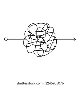 Insane messy line, complicated clew way on white background. Tangled scribble path, chaotic difficult process way. Curved black line, solving a complex problem or quest. Vector illustration