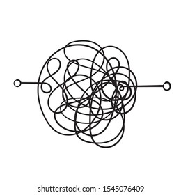 Insane messy line. Complicated clew way. Tangled scribble vector path. Chaotic difficult process way illustration with doodle style