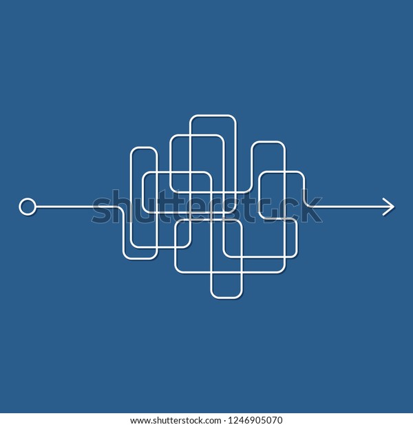 青の背景に狂った乱雑な線 複雑な細い道 もつれた落書きパス 混沌とした難しいプロセス 複雑な問題やクエストを解決する曲線的な白い線 ベクターイラスト のベクター画像素材 ロイヤリティフリー