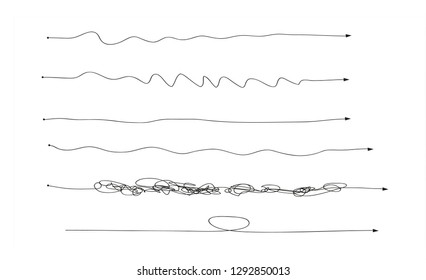 Insane messy line.Set of symbol of complicated way with scribbled round element, chaos sign, pass the way linear arrow with clew or tangle ball in center. Vector illustration.