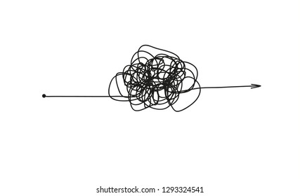 Insane messy line.Set of symbol of complicated way with scribbled round element, chaos sign, pass the way linear arrow with clew or tangle ball in center. Vector illustration.