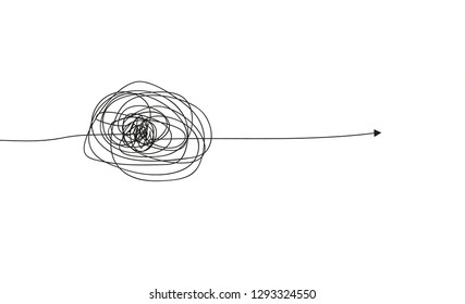 Insane messy line.Set of symbol of complicated way with scribbled round element, chaos sign, pass the way linear arrow with clew or tangle ball in center. Vector illustration.