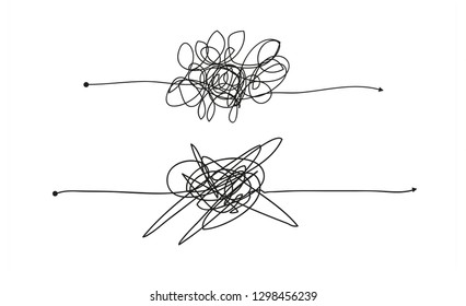 Insane messy line.Set of symbol of complicated way with scribbled round element, chaos sign, pass the way linear arrow with clew or tangle ball in center. Vector illustration.