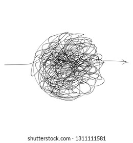 Insane messy line.Set of symbol of complicated way with scribbled round element, chaos sign, pass the way linear arrow with clew or tangle ball in center. Vector illustration.