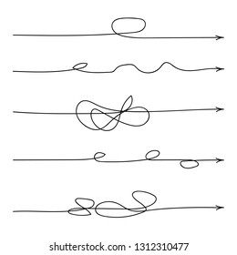 Insane Messy Line.Set Of Symbol Of Complicated Way With Scribbled Round Element, Chaos Sign, Pass The Way Linear Arrow With Clew Or Tangle Ball In Center. Vector Illustration.