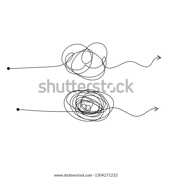 Insane messy\
line.Set of symbol of complicated way with scribbled round element,\
chaos sign, pass the way linear arrow with clew or tangle ball in\
center. Vector\
illustration.