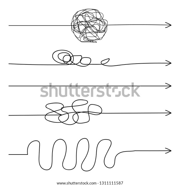 Insane messy\
line.Set of symbol of complicated way with scribbled round element,\
chaos sign, pass the way linear arrow with clew or tangle ball in\
center. Vector\
illustration.