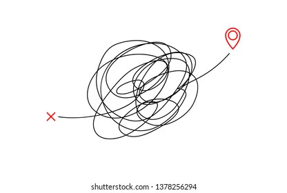 insane messy way complicated destination illustration concept graphic. tangled scribble line vector path doodle design.