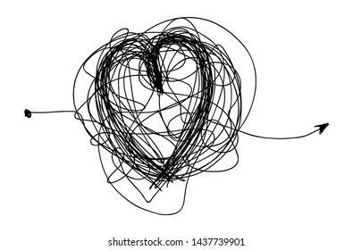 Insane random line in the shape of a heart. Tangled love. Complicated clew way. Tangled scribble vector path. Chaotic difficult process.