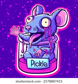 Insane and trippy neon rat in a jar surrounded by pink slime. Acid psychedelic stoner mouse trapped in a slimy container.