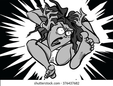 Insanely angry woman, frustrated, furious and outraged, expressing her madness and anger in a scream. Black and white illustration of a woman having a nervous breakdown or PMS (Premenstrual Syndrome).