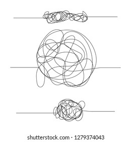 Insanely confusing line. Set of chaotic tangled vector doodles. The concept of passing a difficult path.