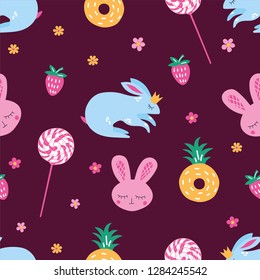 insanely cute children's pattern with rabbit, pineapple, candy, strawberries and flowers
