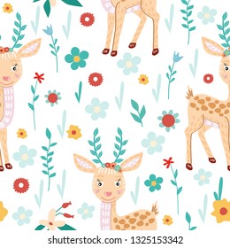 insanely cute seamless pattern with a forest baby deer in which instead of horn-leaves. There are different flowers around him. Seamless print on white background. baby cloth, clothes, bedding, paper