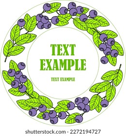 Inscribed in a circle four color vector frame of blueberry bushes with ripe berries with empty space in the center for text.