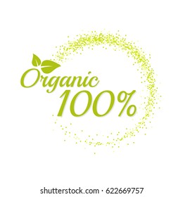 Inscription 100 percentage organic. Bright text with a circular green banner. 