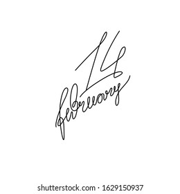 Inscription 14 February, hand drawn lettering text, Romantic quote, Valentines Day, greeting card design, print for clothes, t-shirt, emblem or logo design, continuous line drawing. Isolated vector.