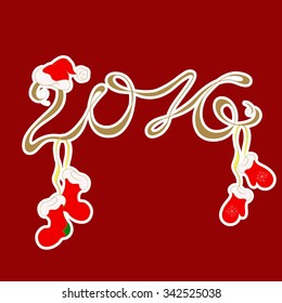 inscription 2016 with Santa hats, mittens and socks for gifts