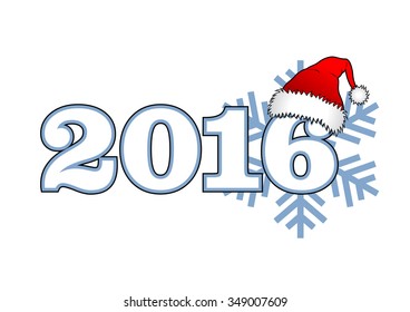 Inscription 2016 in vector, with a cap of Santa Claus and snowflakes