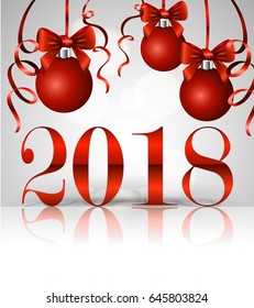 The inscription 2018, New Year's greeting card design template, Christmas balls with satin bows and serpentine.