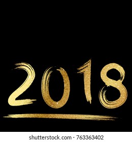 Inscription 2018 on gold glitter texture paint stain on black background. Design for greeting card, poster, banner and flyers