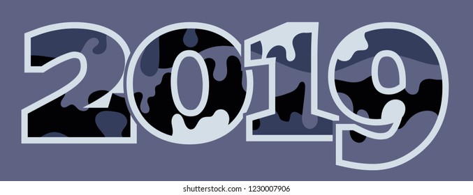 Inscription 2019 in camouflage style. Vector color illustration