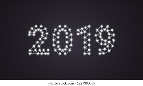 Inscription of 2019 with neon lamps. Vector illustration, glowing Text of 2019 in white color. Isolated graphic element on the dark background for design