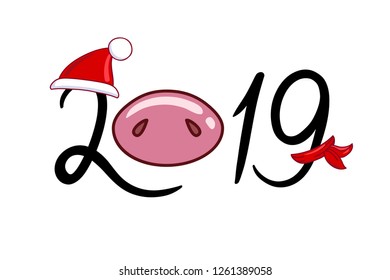 The inscription 2019 with a pig nose in a hat and a scarf. Hand drawn style vector design for illustration.