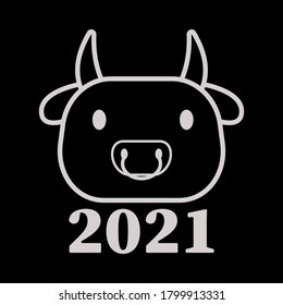 Inscription 2021 and bull white on a black background, sign for design, vector illustration