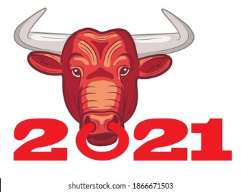 Inscription 2021. Year of the bull. A bull with a nose ring. Great lettering for greeting cards, stickers, banners, prints. Christmas card. Isolated on white vector cartoon