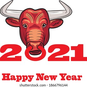 Inscription 2021. Year of the bull. A bull with a nose ring. Great lettering for greeting cards, stickers, banners, prints. Christmas card. Isolated on white vector cartoon