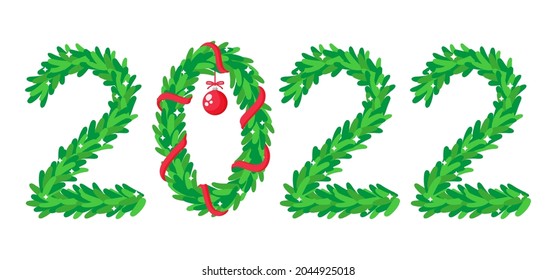 The inscription 2022, the numbers are depicted in the form of a Christmas tree and wreath. Vector template for cards, calendars, website banner, prints, invitations, etc. Happy new year 2022.