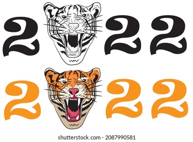 Inscription 2022 with a portrait of a tiger. Year of the tiger. Vector illustration.