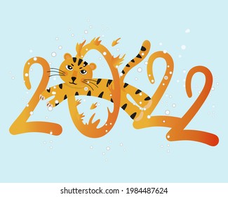 Inscription 2022 with a tiger. The tiger cub jumps into the burning ring, symbolizing the number zero. Cute symbol of 2022 Design for print, advertising. clothes, calendar. Vector illustration on blue