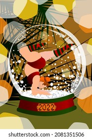 The inscription "2022".A red-haired fat girl in a swimsuit and striped leggings is doing yoga. A glass Christmas ball with snow, a glowing garland. Christmas evening, tiger's New Year's Eve.