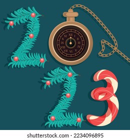 The inscription 2023 in the form of fir branches, a clock and a lollipop on a turquoise background