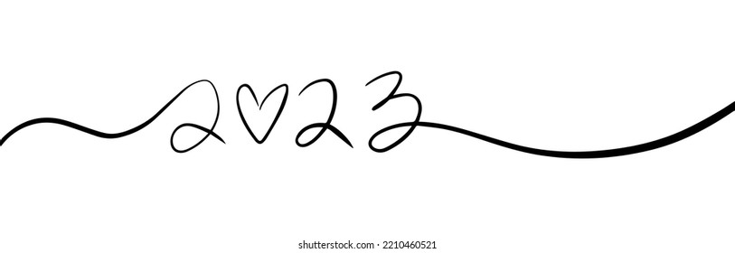 Inscription 2023 Style Line Art. Drawn With A Single Line. Black Heart. Happy New Year Lettering. Handwritten Font. For Advertising, Postcards, Printed Products, Posters, Souvenir, Banner