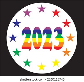 The inscription 2023. Vector LGBT pattern for T-shirt made 
for pride parade with pride elements. LGBT symbol in rainbow colors.