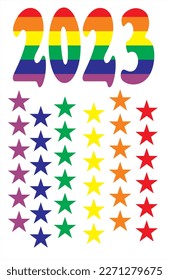 The inscription 2023. Vector lgbt pattern for t-shirt made for euro 
pride parade with pride elements. LGBT symbol in rainbow colors.