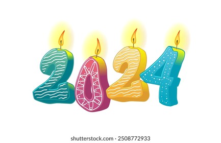 Inscription 2024 from colored candles for the holiday. Hand-drawn vector illustration. Numbers on a transparent background
