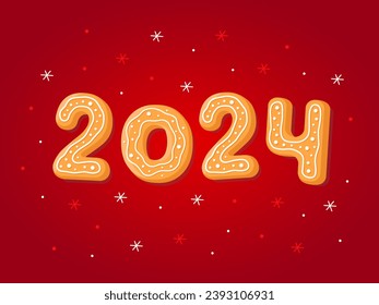 The inscription "2024" on a red background. New Year's gingerbread cookies in the form of letters. Homemade Christmas cookies with sweet sugar icing. Christmas card, flyer, banner, poster.