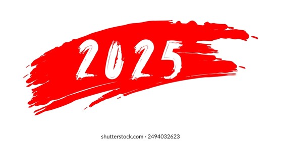 Inscription 2025 with a brush on red background. White calendar numbers in handmade grunge style. Creative banner for the new year.