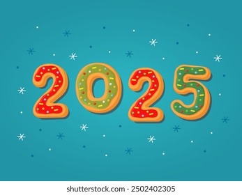 The inscription "2025" on a blue background. New Year's gingerbread cookies in the form of letters. Homemade Christmas cookies with colorful sweet sugar icing. Christmas card, flyer, banner, poster.