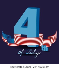 Inscription 4th of July with American flag tape. Independence Day. Vector illustration.