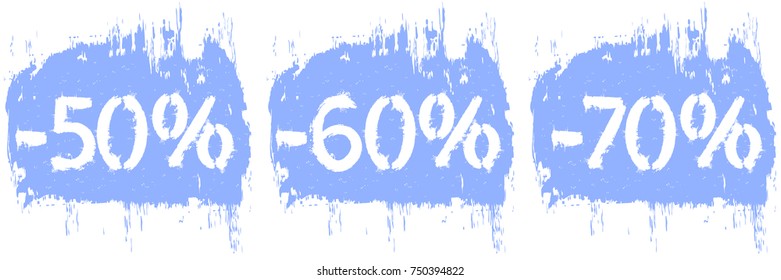 The inscription -50%, -60%, -70%. Sale, discounts. White letters, a blue background made from a trace of a watercolor brush. For the design of posters, banners, booklets, brochures. Vector eps10.