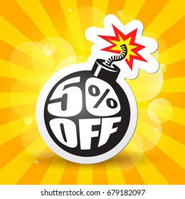 Inscription 50% OFF inside a round black bomb with a burning wick. Vector illustration.