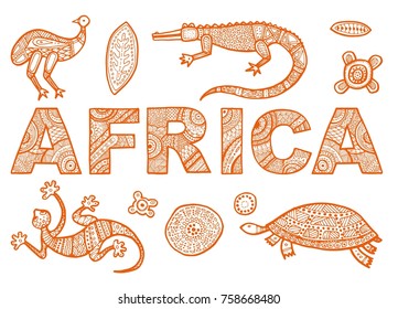 The inscription of AFRICA in ethnic style and outline of African animals