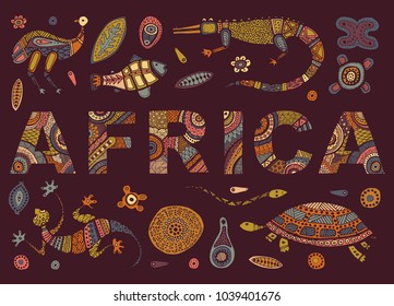 The inscription of AFRICA and Sketches of African animals in ethnic style