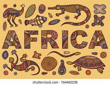 The inscription of AFRICA and Sketches of African animals in ethnic style