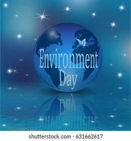 An inscription with an afternoon environment. The globe and its reflection. Blue background with stars. Vector illustration